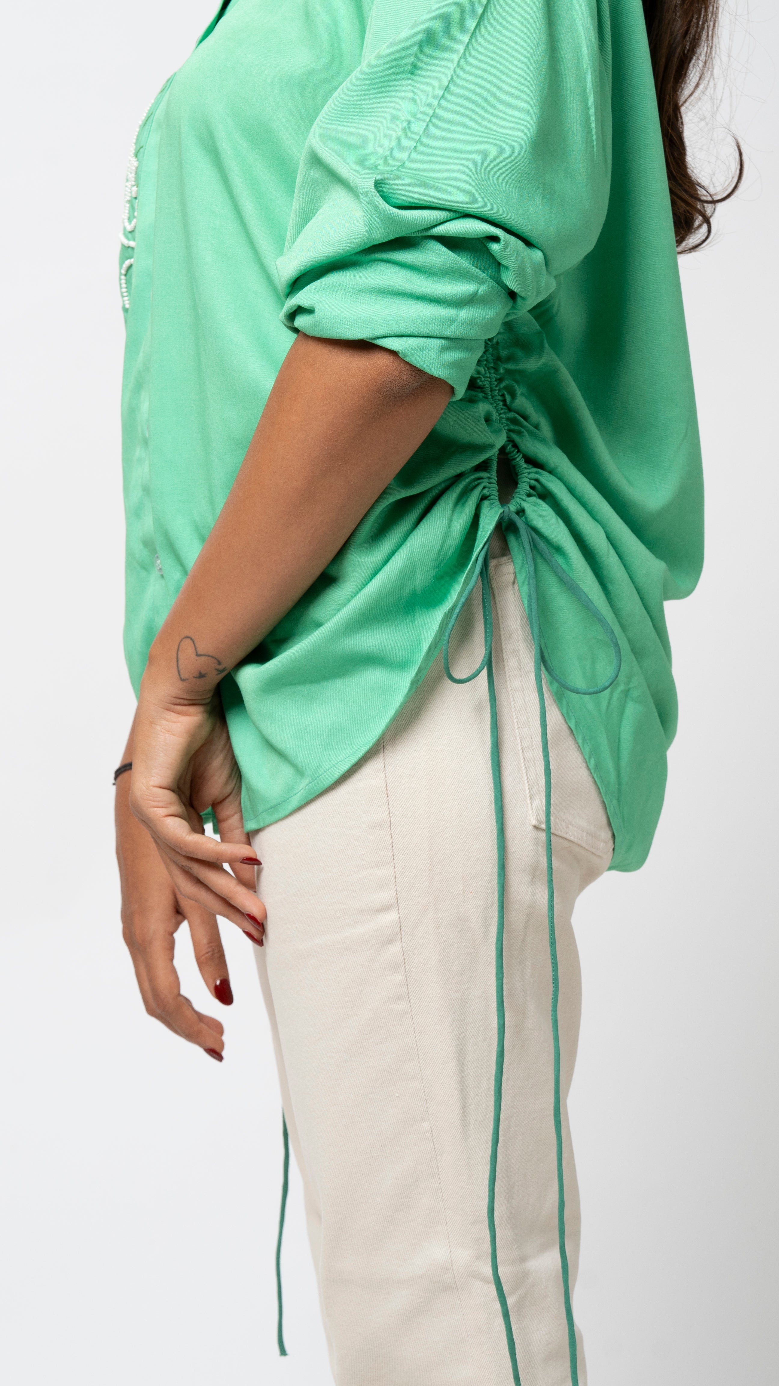 "Emerald Breeze Embroidered Pocket Shirt"