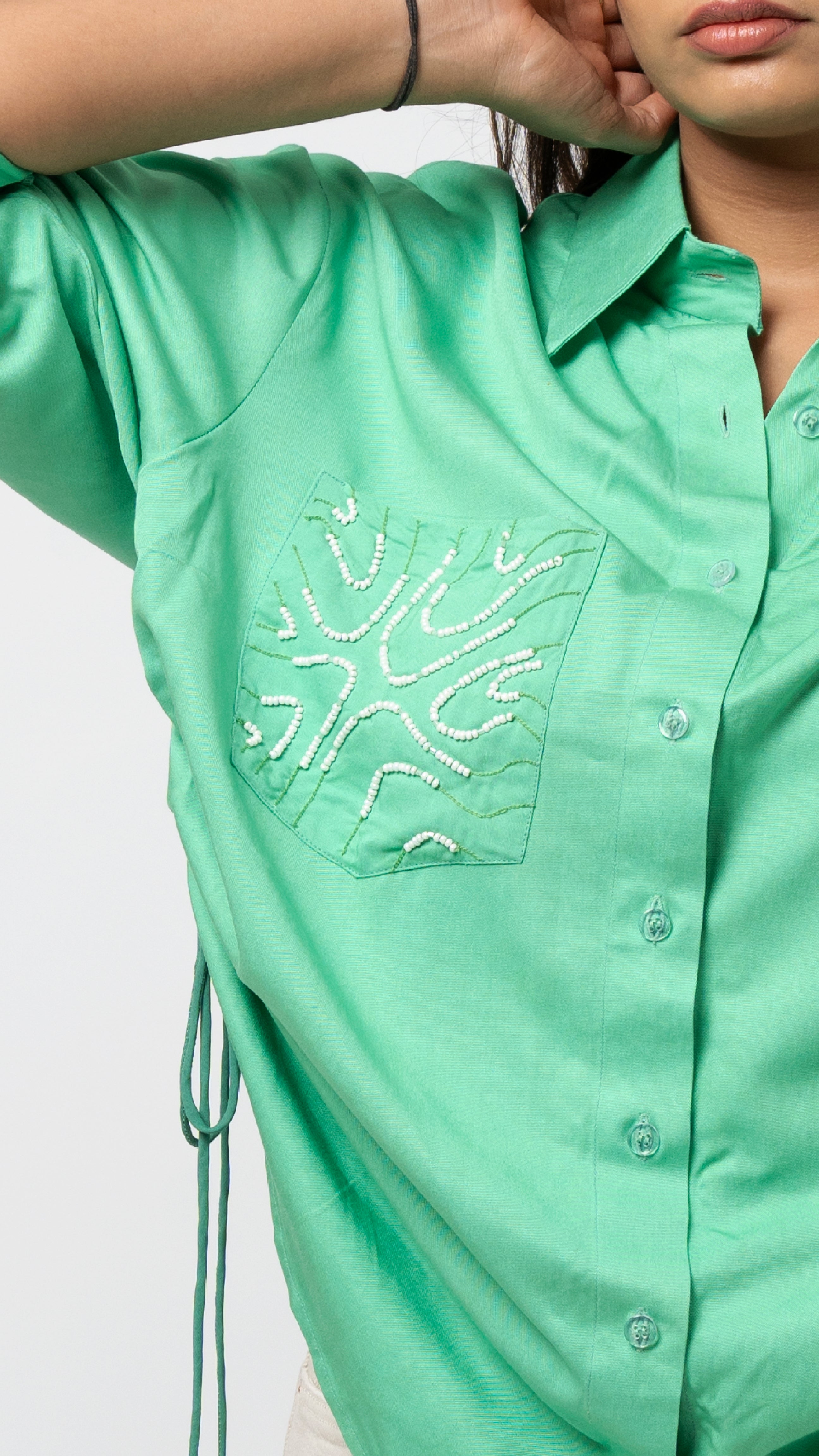 "Emerald Breeze Embroidered Pocket Shirt"
